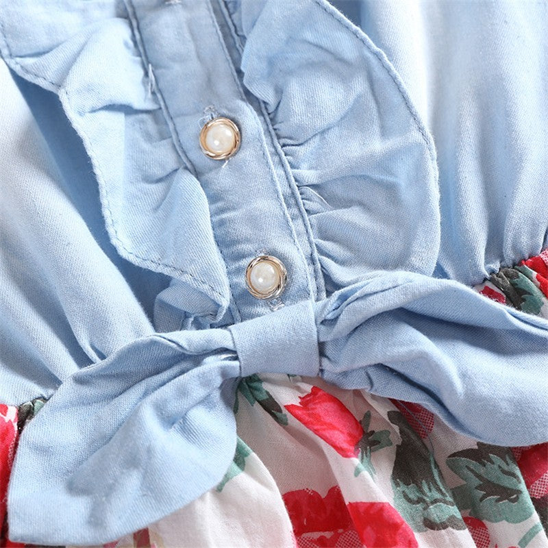 Robe en Jean Florale Sans Manches pour Fille