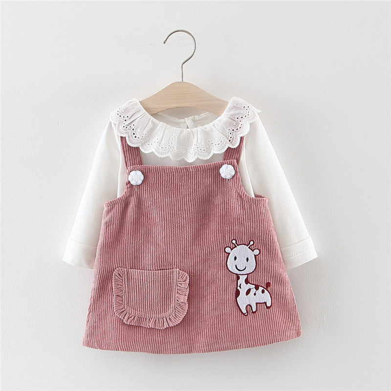 Ensemble 2 Pièces Robe en Velours Côtelé & Haut à Col Dentelle pour Bébé Fille