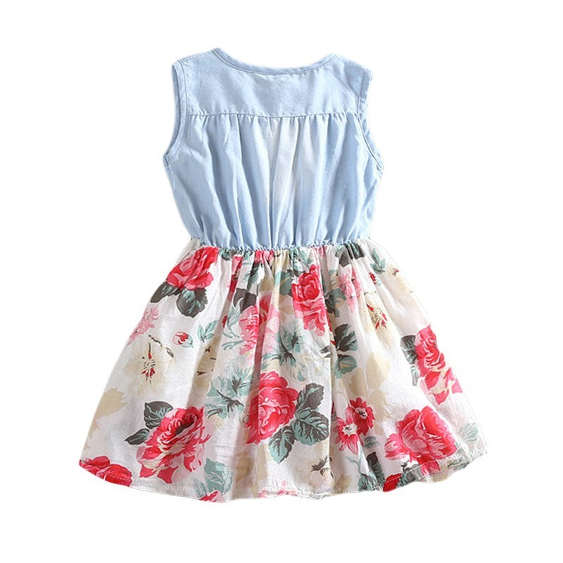 Robe en Jean Florale Sans Manches pour Fille