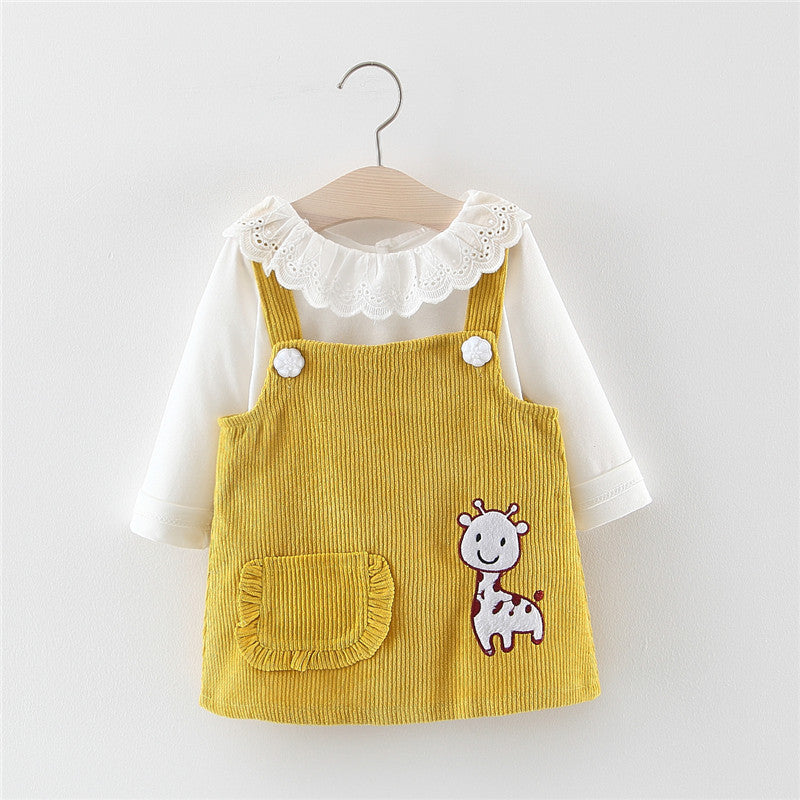 Ensemble 2 Pièces Robe en Velours Côtelé & Haut à Col Dentelle pour Bébé Fille
