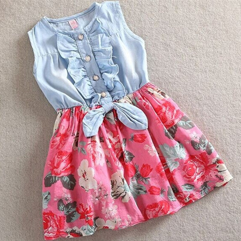 Robe en Jean Florale Sans Manches pour Fille