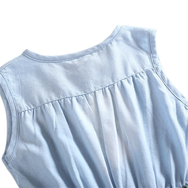 Robe en Jean Florale Sans Manches pour Fille