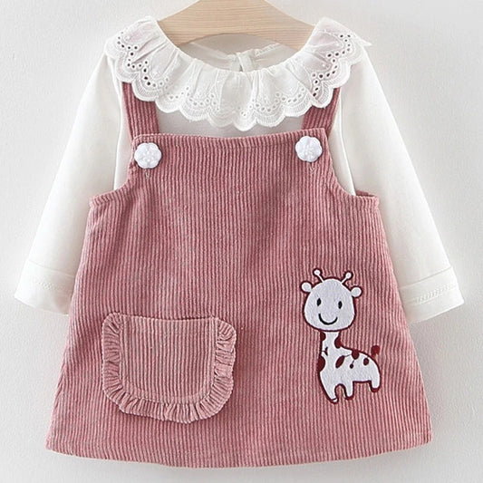 Ensemble 2 Pièces Robe en Velours Côtelé & Haut à Col Dentelle pour Bébé Fille