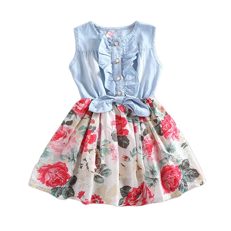 Robe en Jean Florale Sans Manches pour Fille