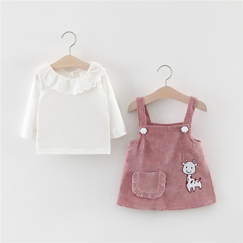 Ensemble 2 Pièces Robe en Velours Côtelé & Haut à Col Dentelle pour Bébé Fille