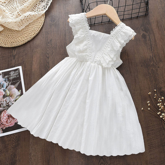Robe Blanche en Dentelle avec Col Rond