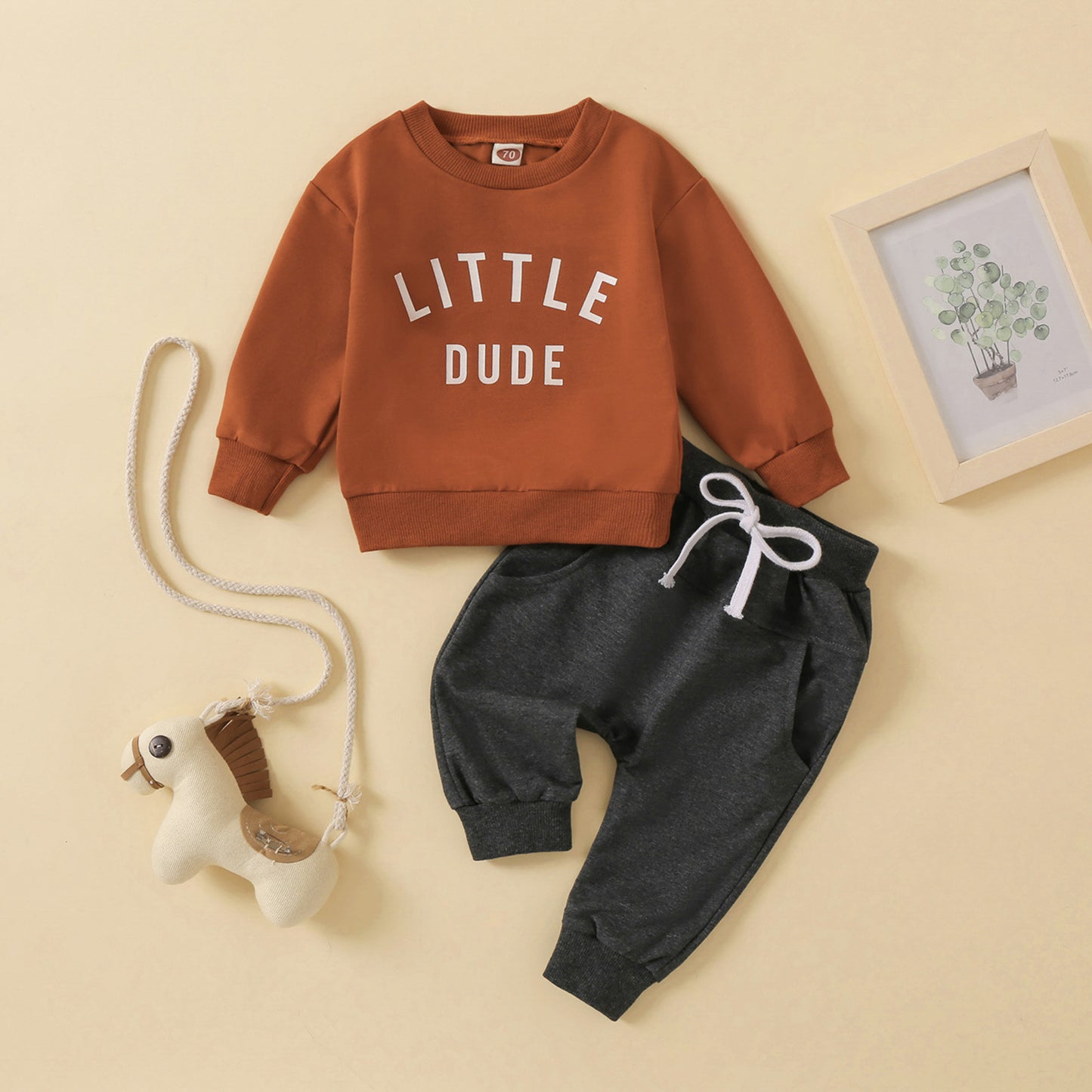 Ensemble Haut Col Rond Imprimé Pantalon Uni pour Enfant